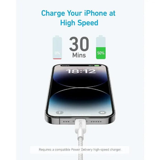 Cable-Anker 322-NYLON- USB-C to Lightning (3ft Braided)-White ( A81B5H21 ).