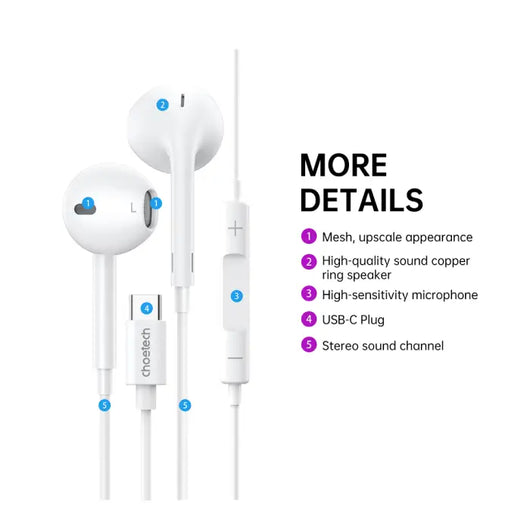 Ear Headphones-Choetech-TYPE C-1.2m -White / 0C-A012-WH.