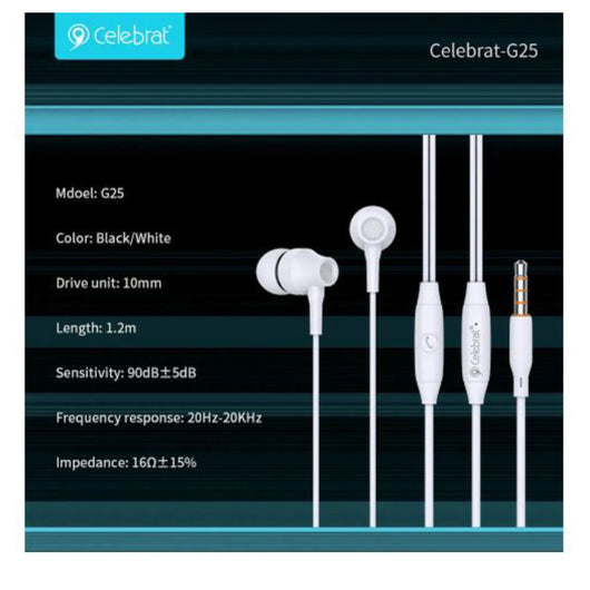EARPHONE-CELEBRAT-WIRED-G25-WHITE - 14 Day Warranty.