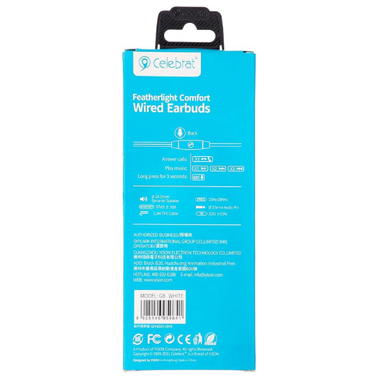 EARPHONE-CELEBRAT-WIRED-G8-WHITE - 14 Day Warranty.