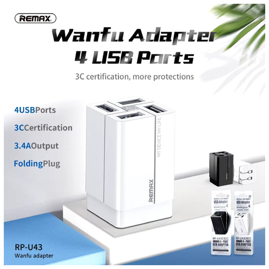 FAST CHARGER-REMAX-RP-U43-4USB - 14 Day Warranty.