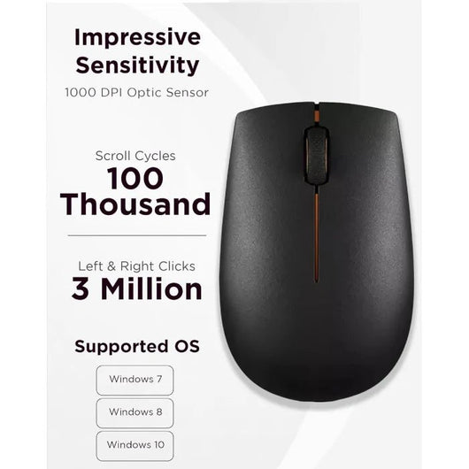 Lenovo 300 Wireless Compact Mouse with Battery - GX30K79401 - Black.