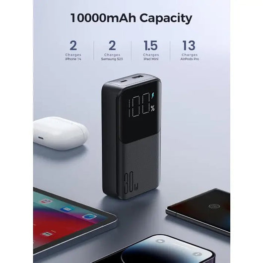 Power Bank-JoyRoom-Mini-30W-10000MAH-Builtin lightning & Type C cables- Black -JR-PBC06.