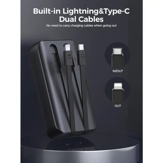 Power Bank-JoyRoom-Mini-30W-10000MAH-Builtin lightning & Type C cables- Black -JR-PBC06.