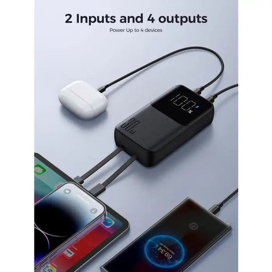 Power Bank-JoyRoom-Mini-30W-10000MAH-Builtin lightning & Type C cables- Black -JR-PBC06.