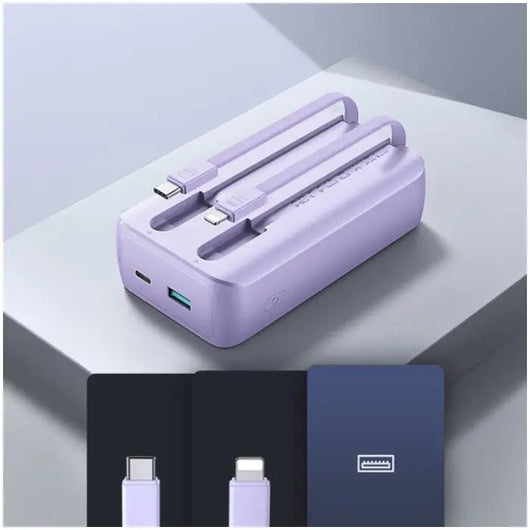 Power Bank-JoyRoom-Mini-30W-10000MAH-Builtin lightning & Type C cables- Purple -JR-PBC06.