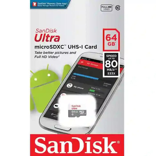 SANDISK Ultra 64GB 80MB/s UHS-I MicroSDXC Memory Card Class 10.