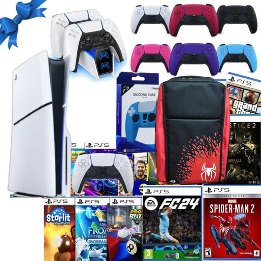 Sony Playstation 5 CD Disc Version Silm PS5 Console + 15 Online Games FREE, DualSense Charger, Dual sense Silicone case and Extra Dual Sense + Bag.