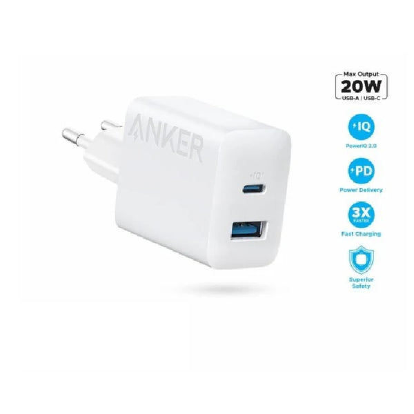 WALL CHARGER-ANKER-20 Watt-2 PORT USB-WHITE ( A2348L21 ).
