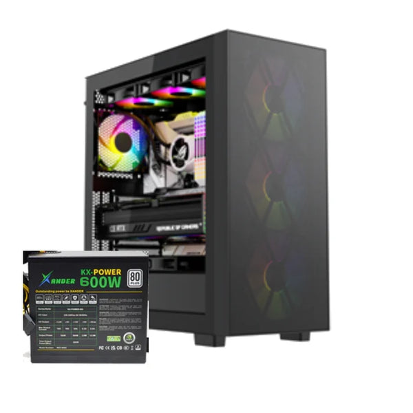 Xander Hulk 4 ARGB Fans Mesh Mid Tower Gaming Case With PSU 600W 80+ - Black.