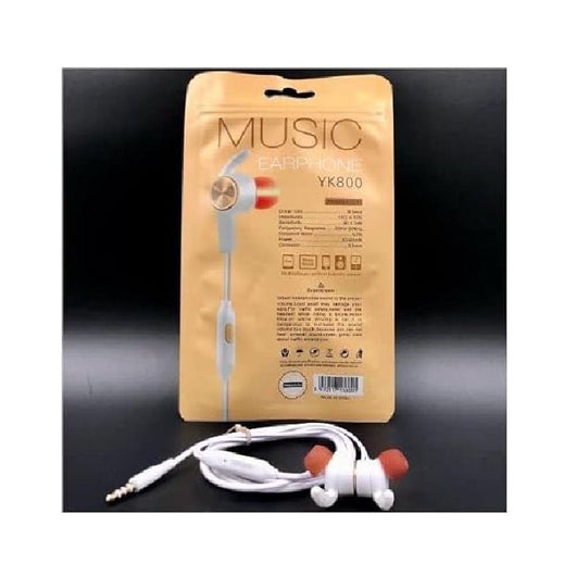 YK 800 Sport Earphone Wired Stereo Microphone White.